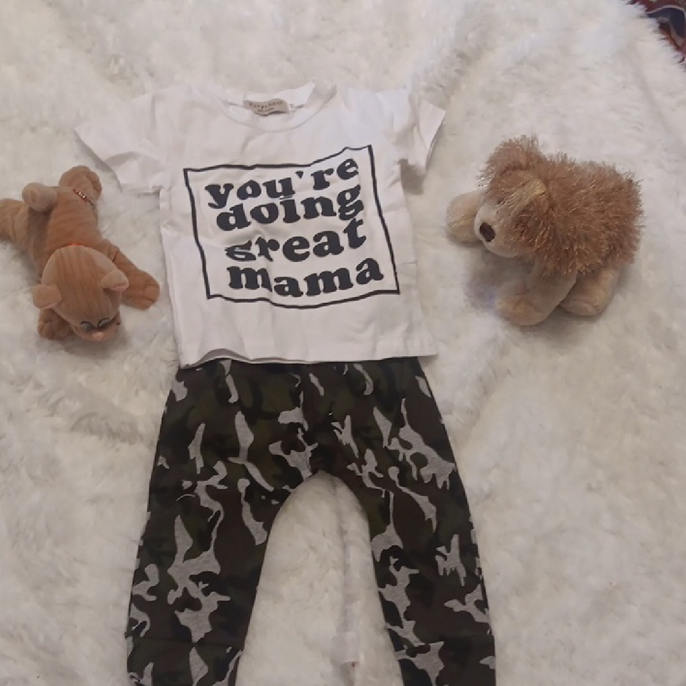 White Graphic Tee and Camouflage Pants Set 18/24 Months